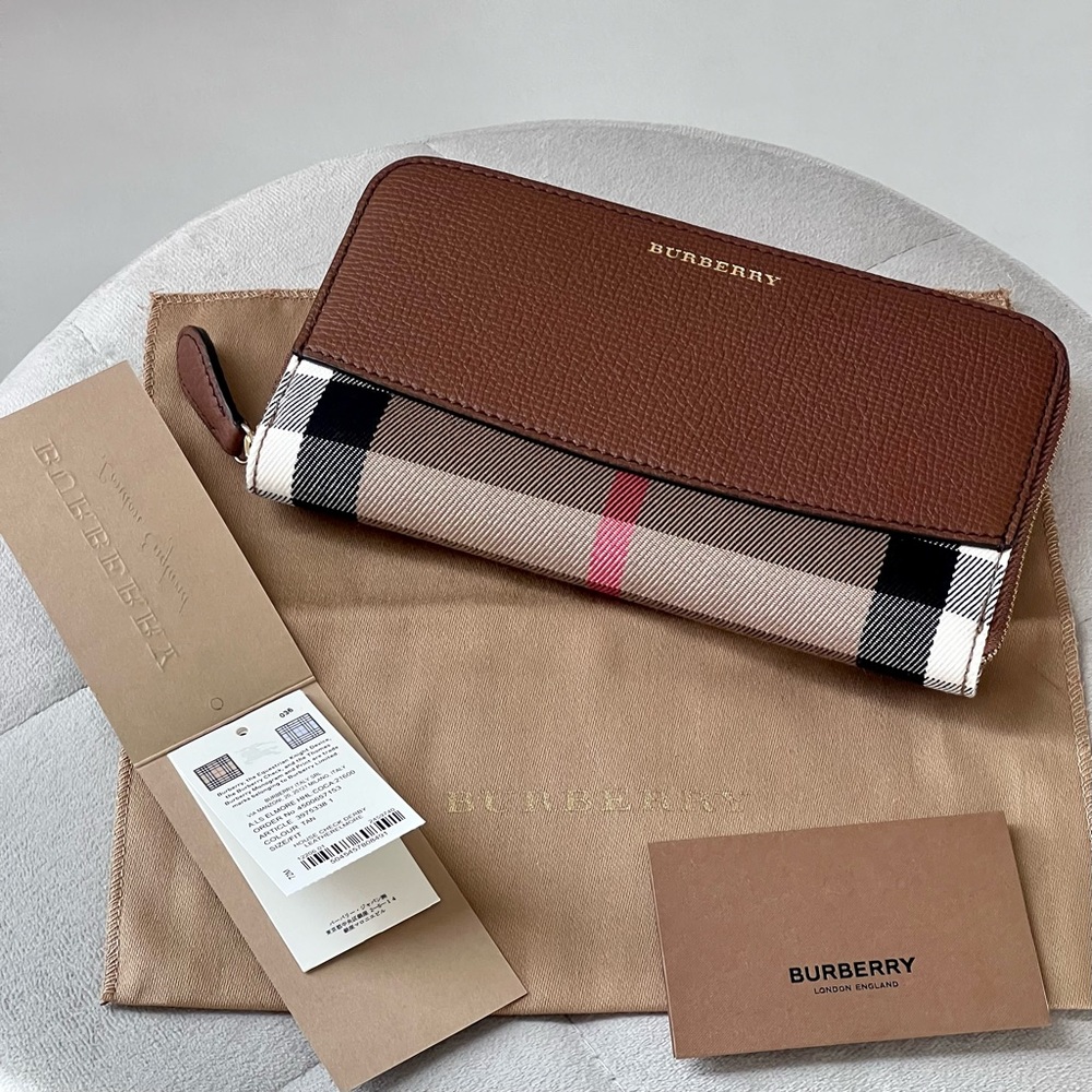 Burberry House Check Zip Around Wallet in Brown
